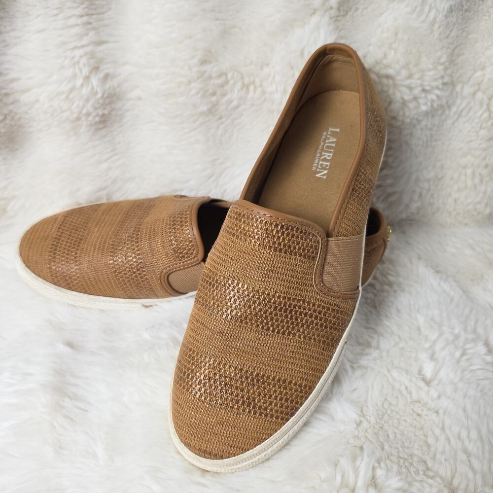Women's Lauren Ralph Lauren Sneaker Jinny Slip On Shoes Faux Straw Tan Sz 9
